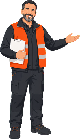 Marcel, négociant en matériaux en gilet haute visibilité, tient un presse-papiers et vous accueille